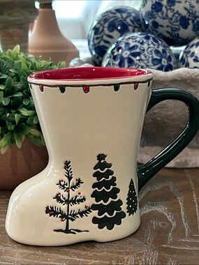 NEW! Vintage Inspired Christmas Boot Mug Evergreen Winter Trees & Holiday Lights